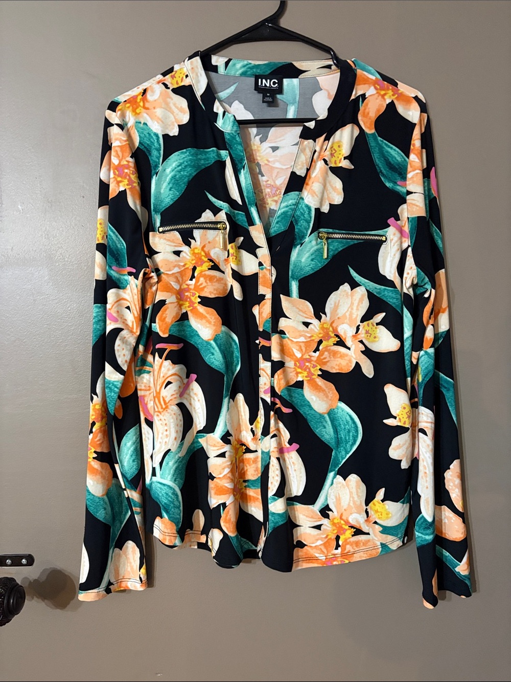 INC International Concepts Black Floral Zip-Pocket Long Sleeve Shirt